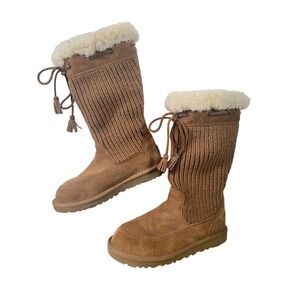 UGG‎ Australia Chestnut Suede Knit Cuff Shearling Tall Boots Women's